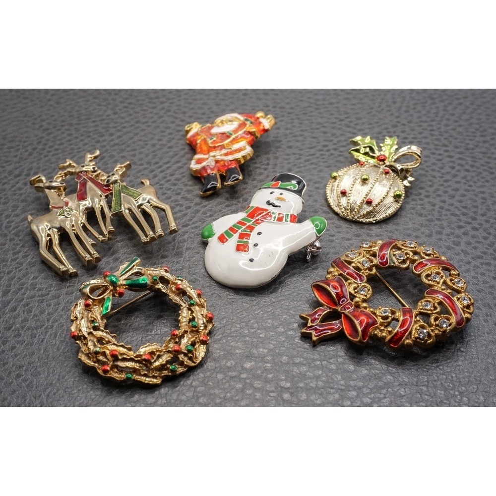 Vintage To Mod Christmas Holiday Enamel Brooch Pin Lot Gold Tone Rhinestone